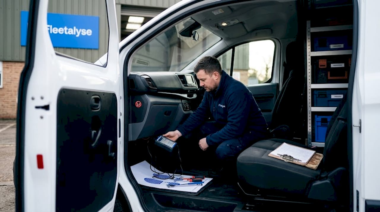 Technician installing tracker in fleet van