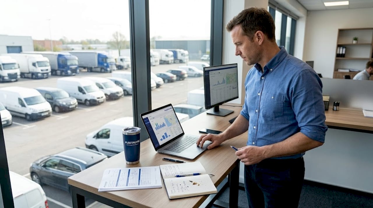 Fleet manager reviewing kilometre tracking in office