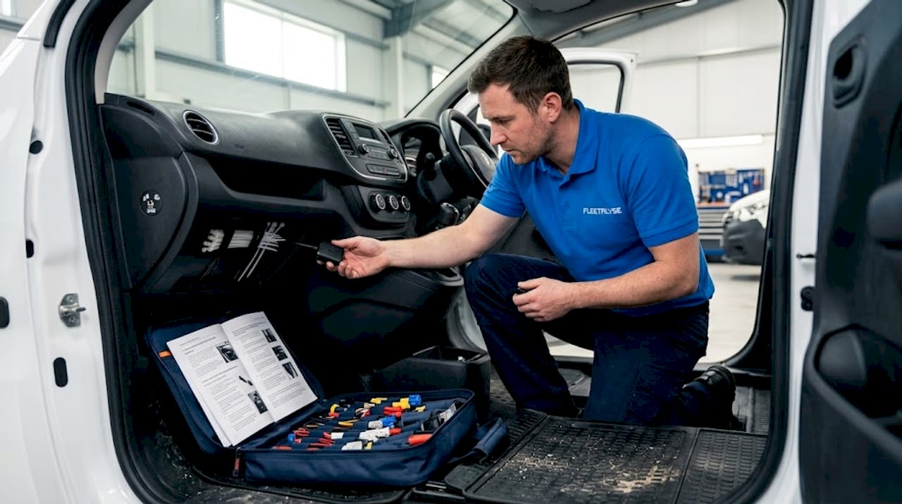 Technician installing vehicle GPS tracking device