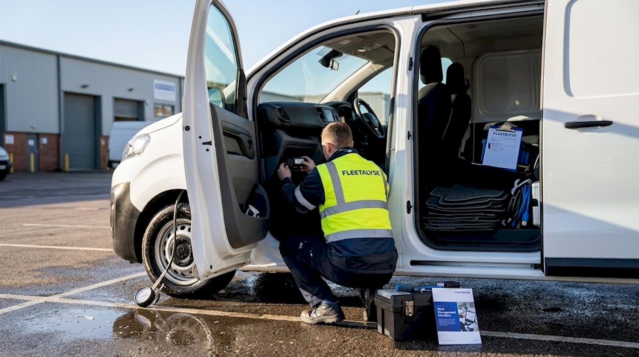 Technician installing GPS tracker in van dashboard