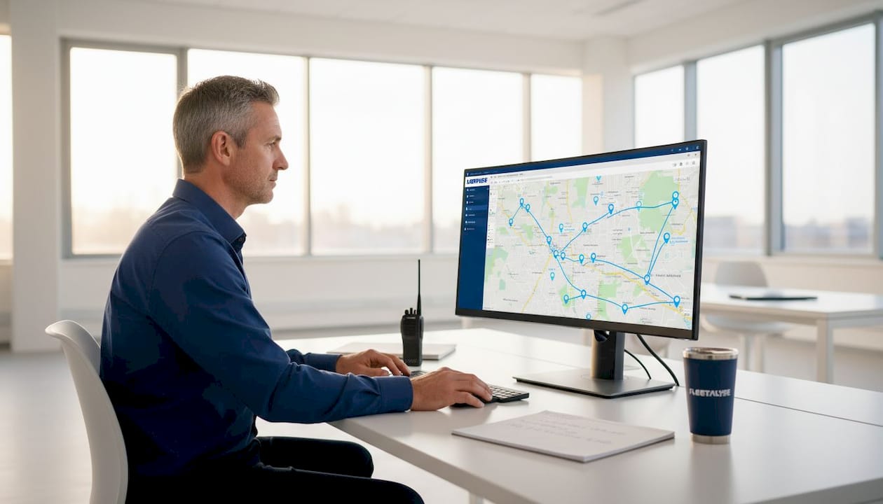 Fleet manager reviewing GPS tracking dashboard screens