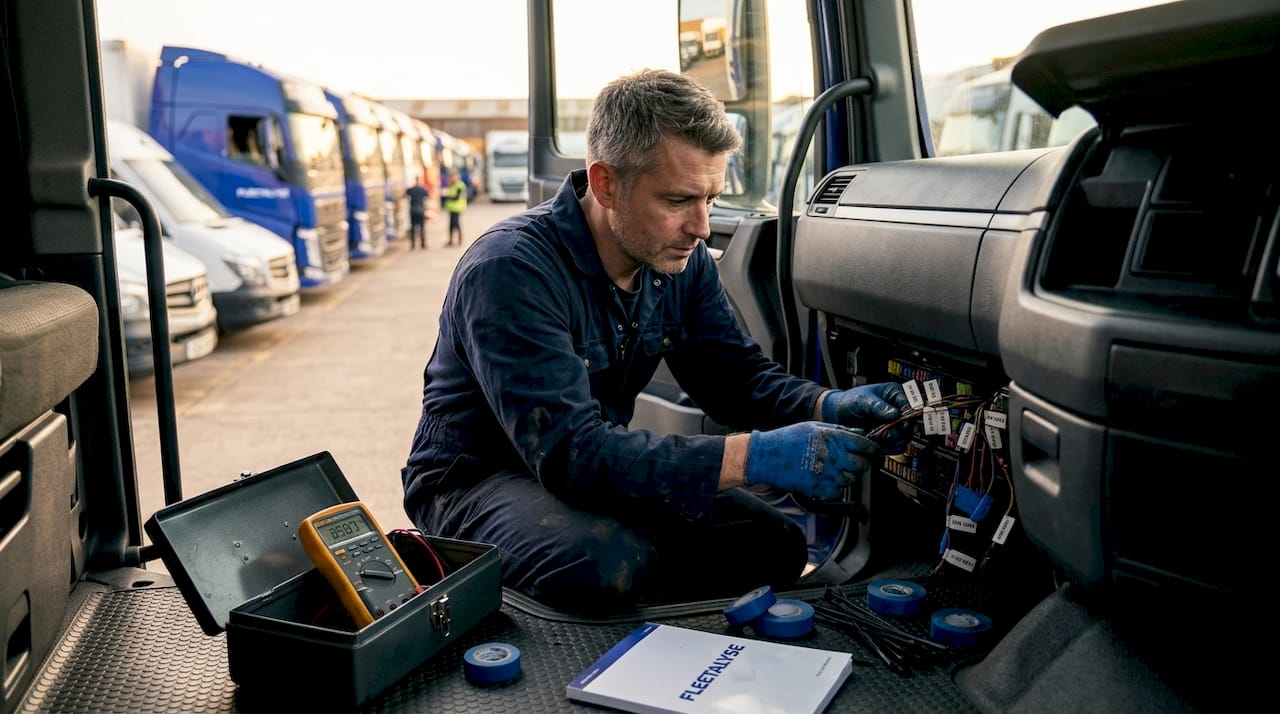 Mechanic wiring telematics hardware in truck