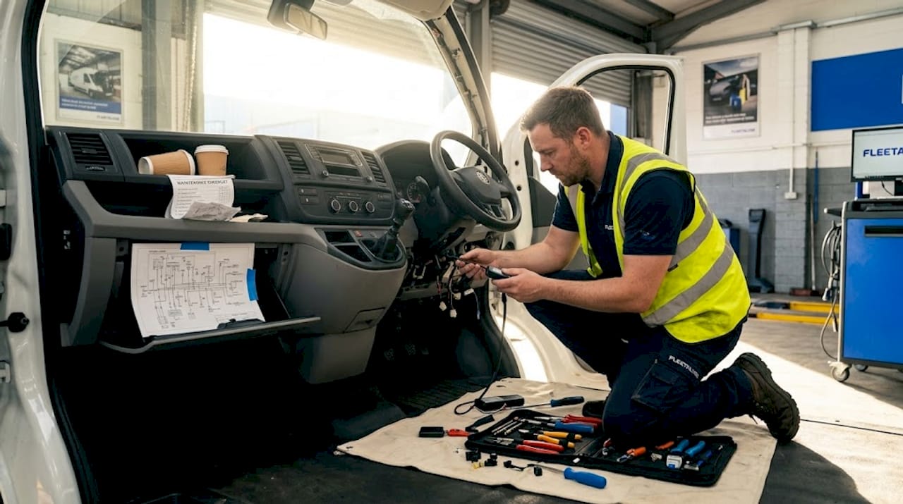 Technician installing telematics device in van