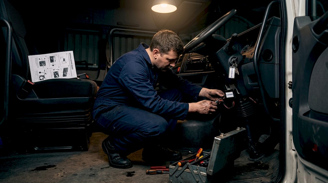 Technician installing GPS unit in HGV cab