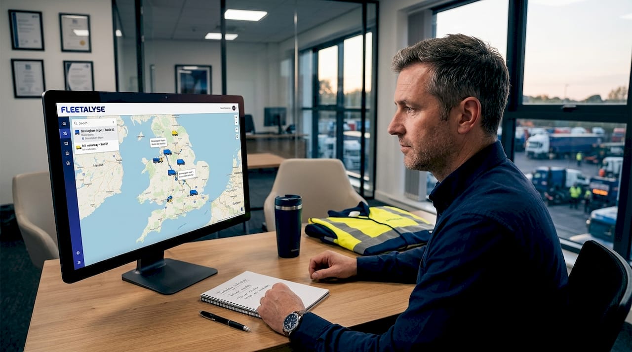 Fleet manager reviewing GPS tracking data in office