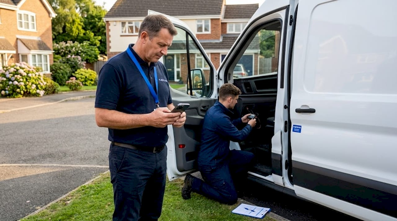 Fleet manager and technician with van tracking hardware