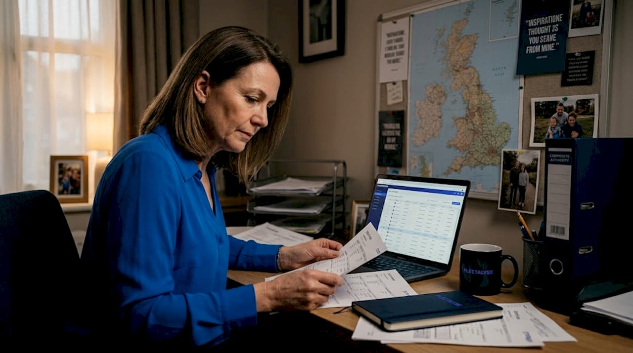 Fleet manager reviewing mileage logs in office