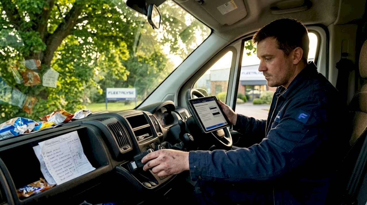 Technician installing van telematics device