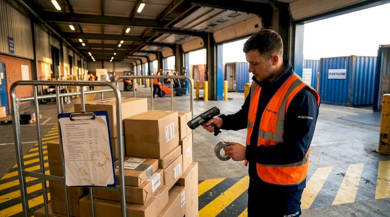 Warehouse worker scanning freight barcode