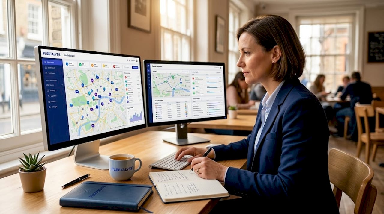 Logistics manager using fleet dashboard in office