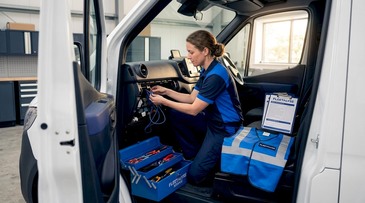 Technician installing GPS unit in van