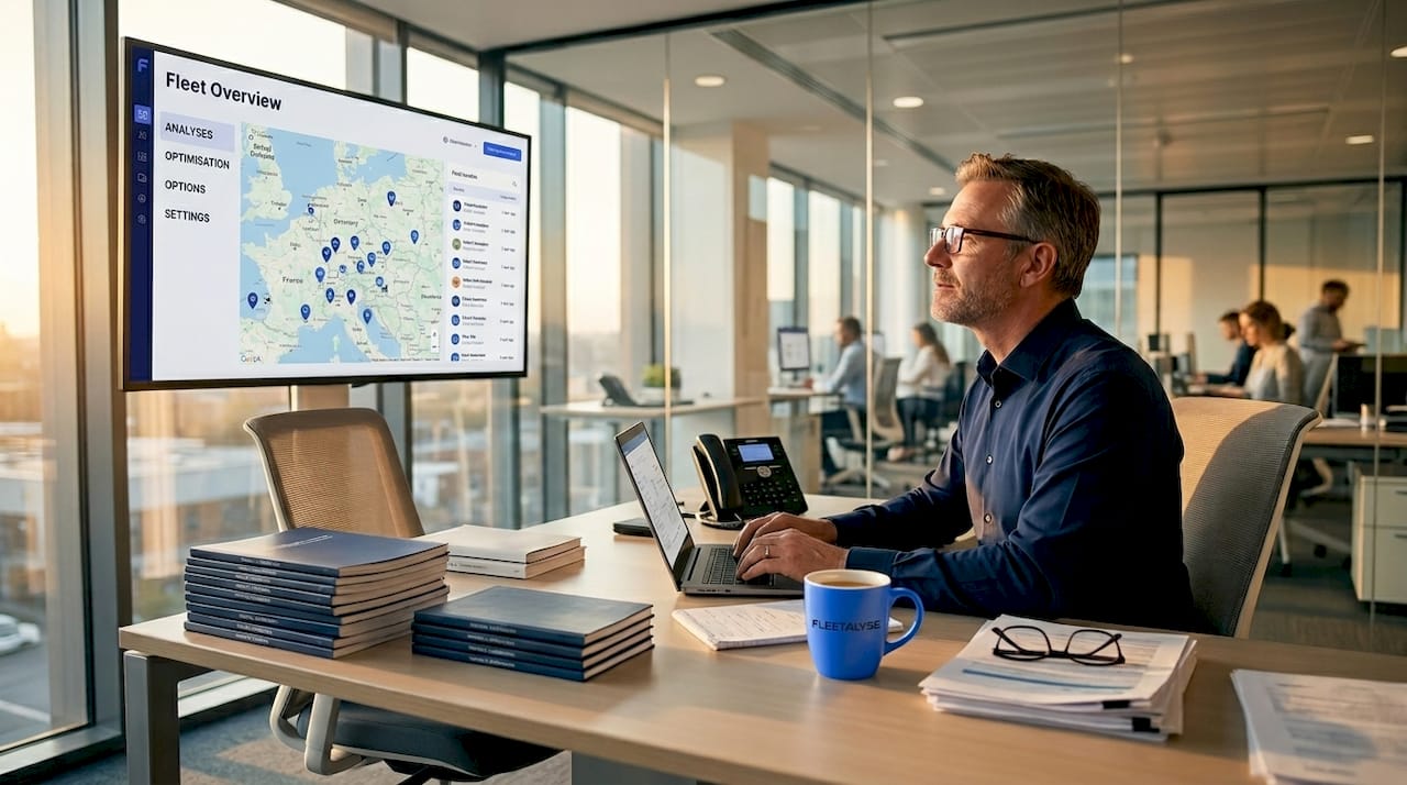 Fleet manager working in office with monitor