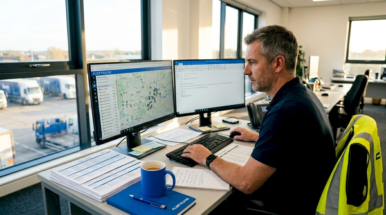 Fleet manager monitoring vehicle data in office