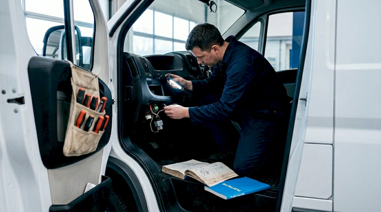 Technician installing vehicle immobiliser relay