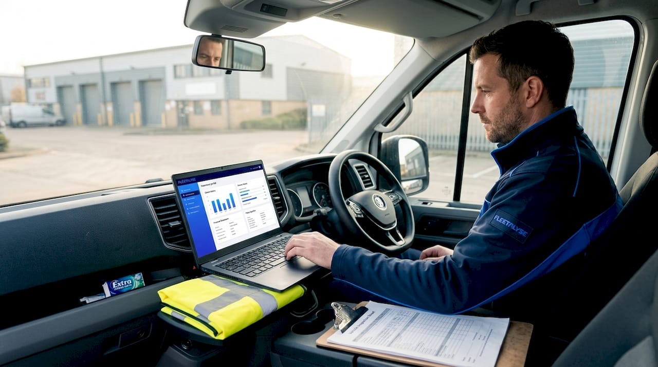 Van driver checking insurance data on laptop in cab