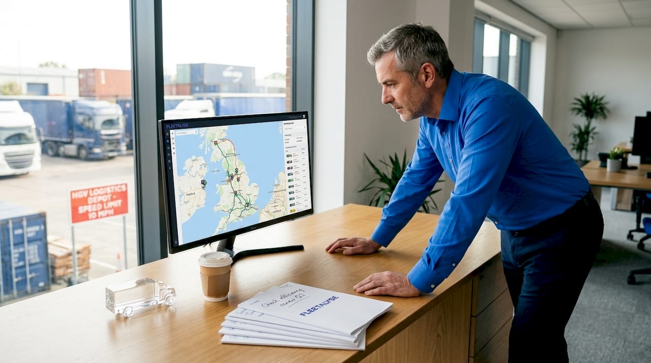 Fleet manager reviewing telematics data in office