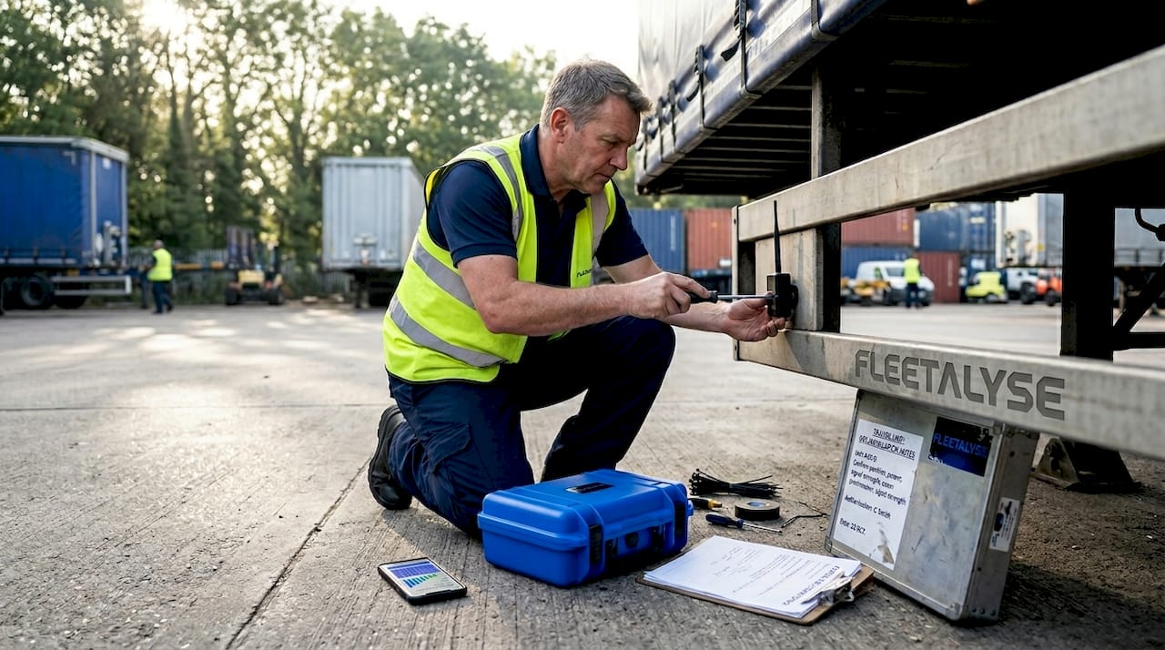 Fleet manager installing GPS tracker on trailer