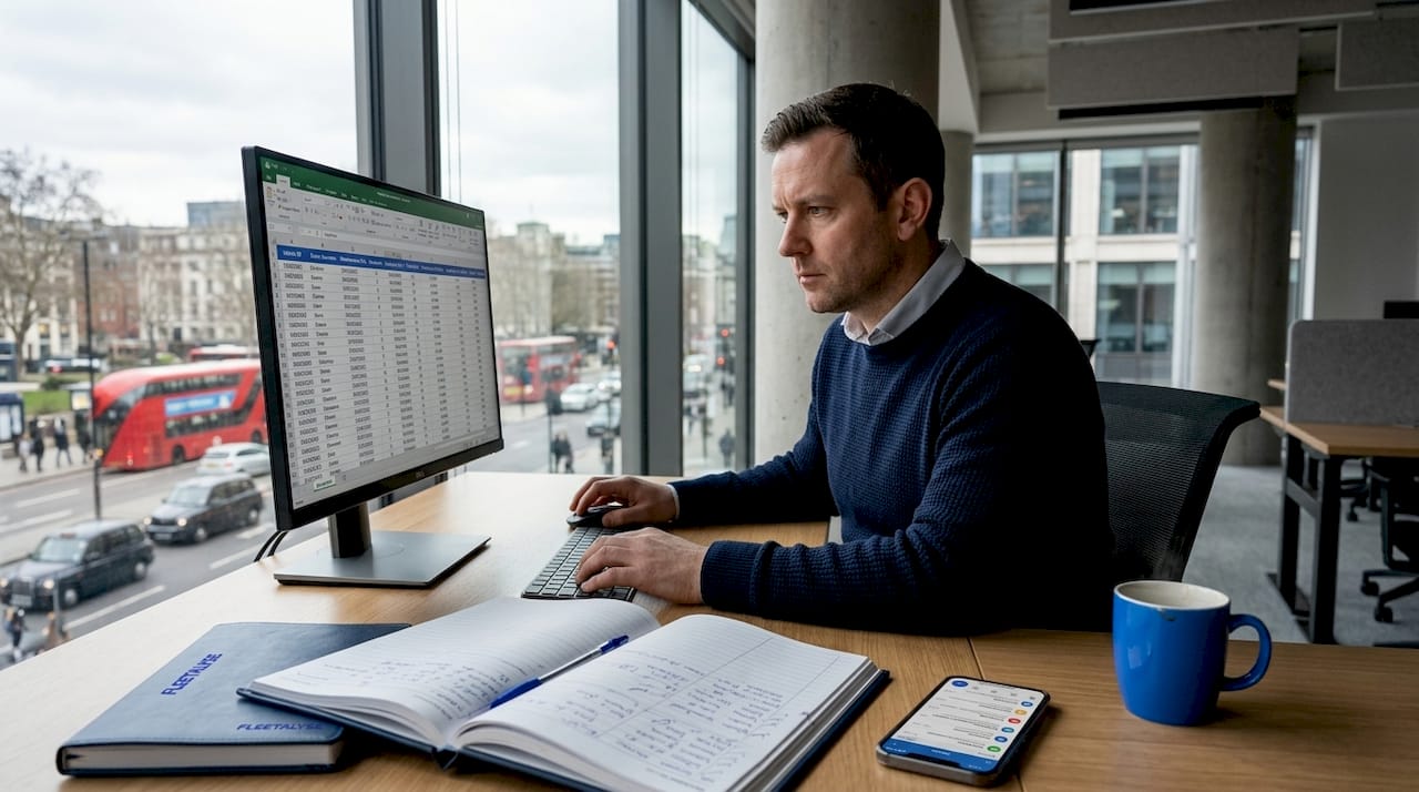 Fleet manager reviewing vehicle data at desk