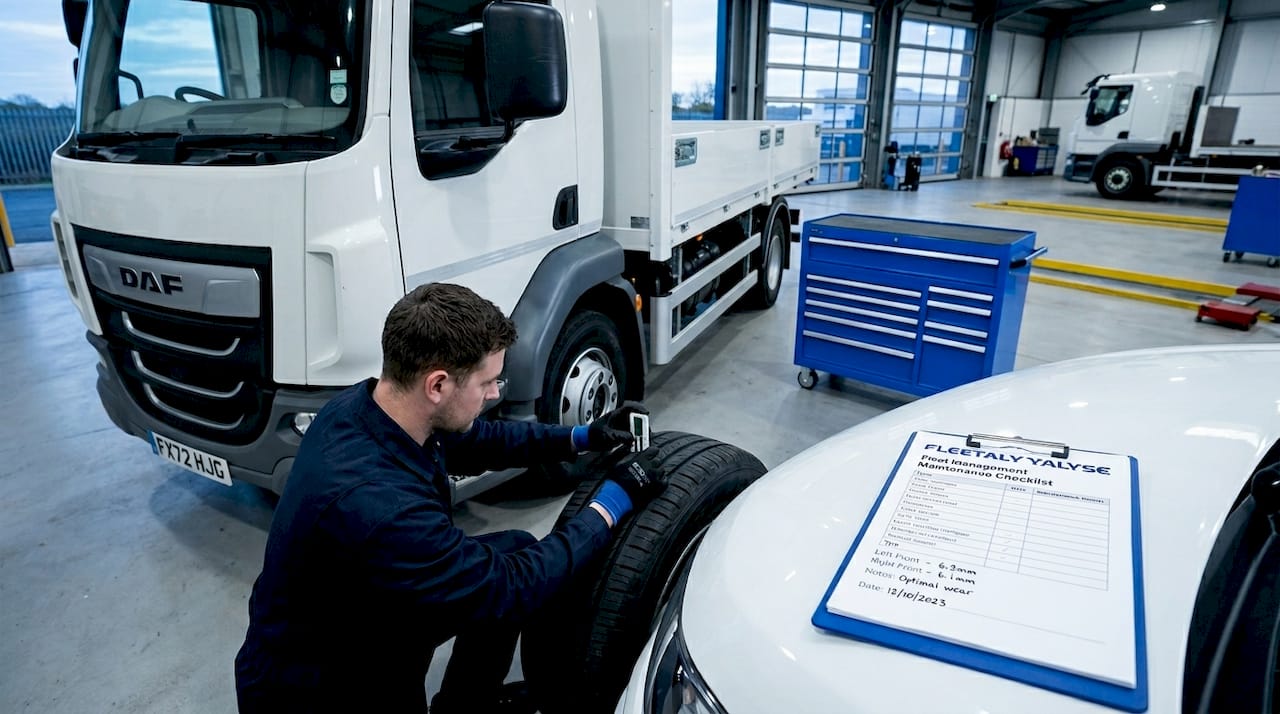 Mechanic inspecting truck tire for maintenance