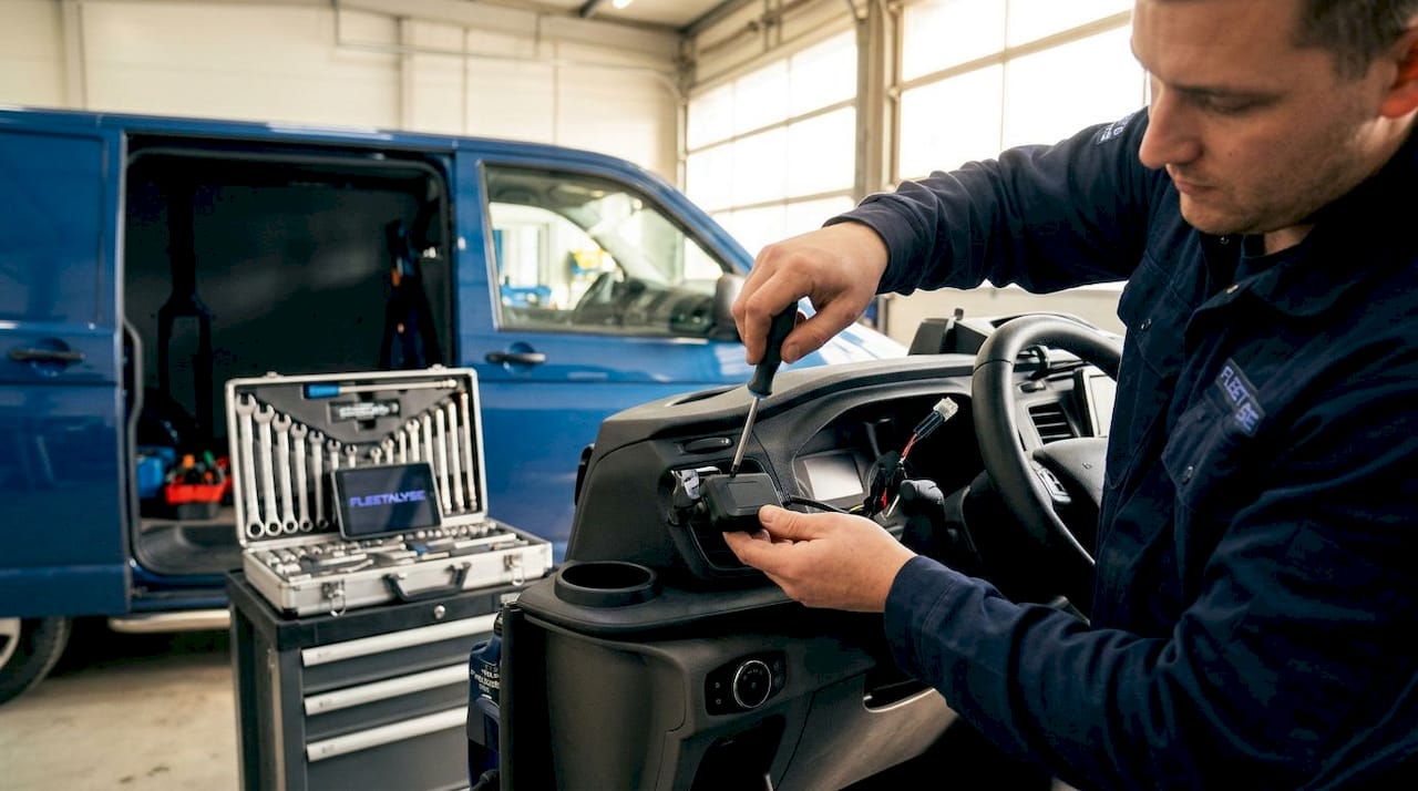 Technician installing van GPS tracking device
