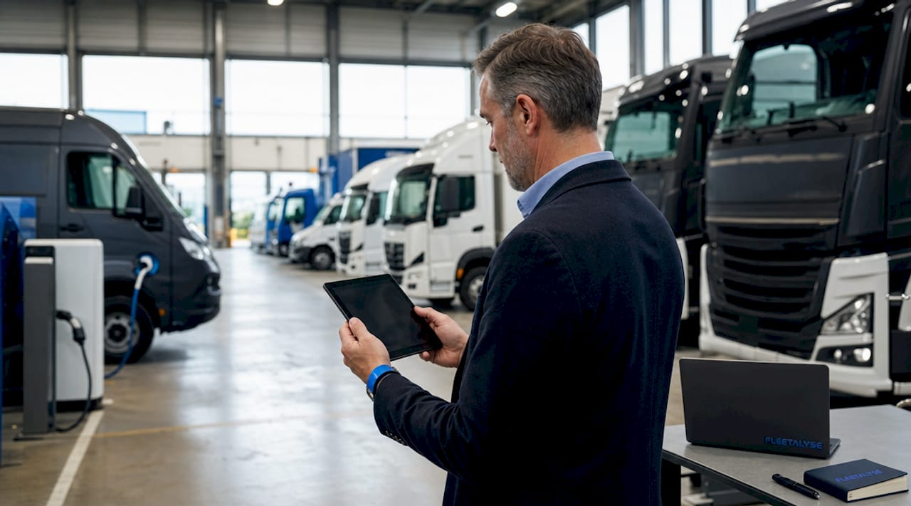 Fleet manager inspecting diverse fleet vehicles outdoors
