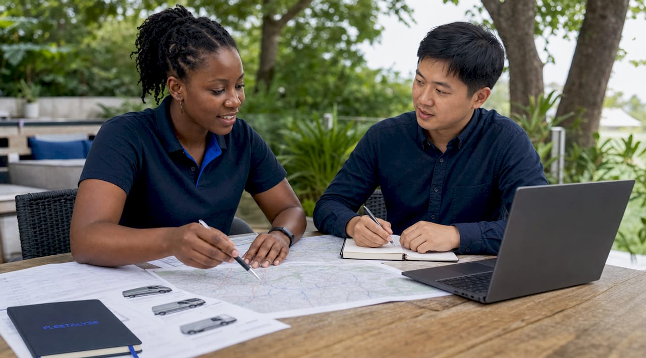 Two logistics planners working on mixed fleet route plans