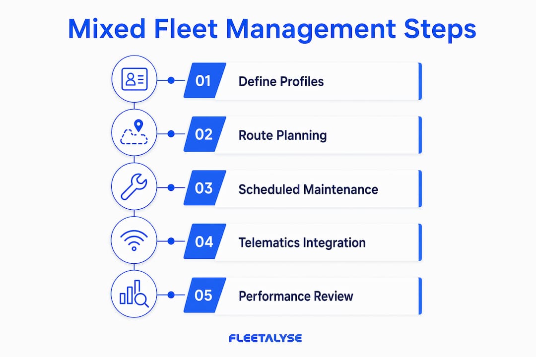 Infographic illustrating steps of mixed fleet management process
