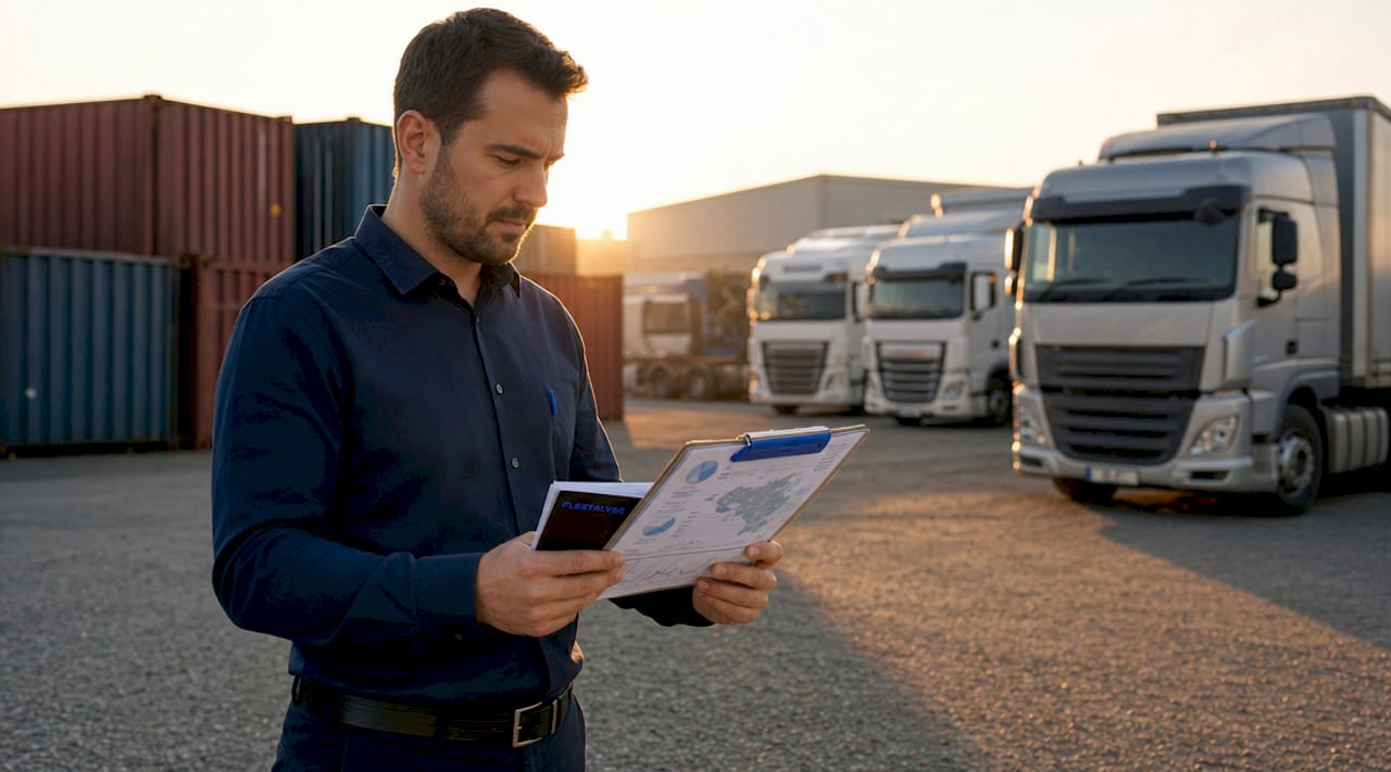 Logistics manager reviewing cargo vehicle tracking reports