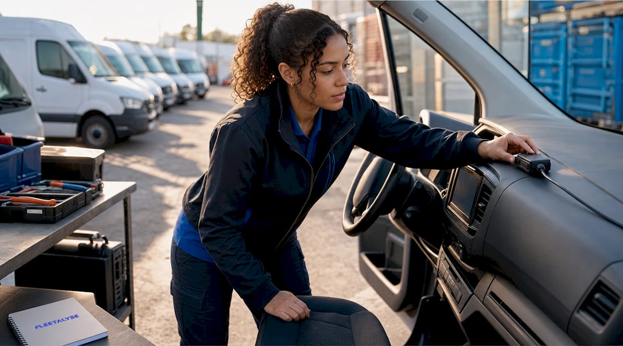 Hands installing cellular GPS tracker on delivery van dashboard