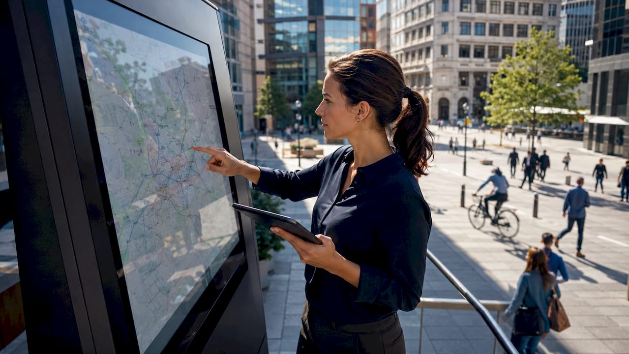 Logistics manager interacting with AI system in control room