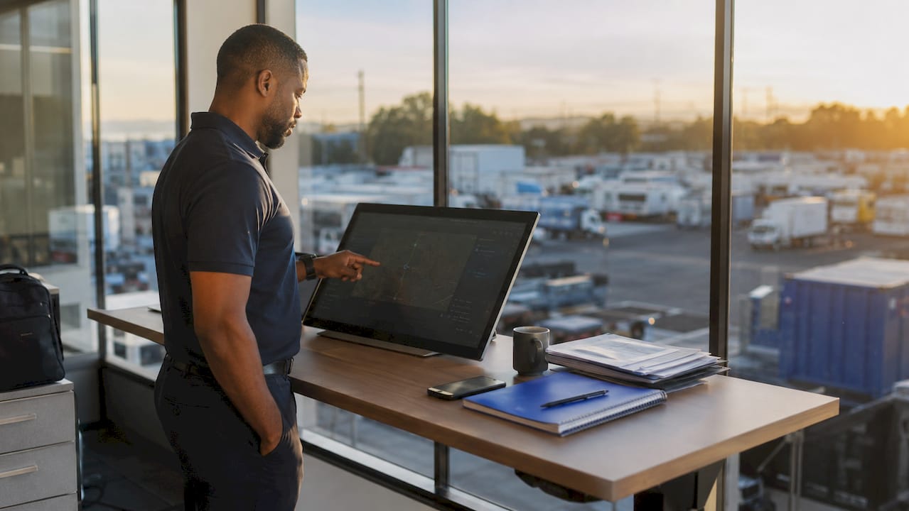 Overhead view of analyst using GPS tracking tablet