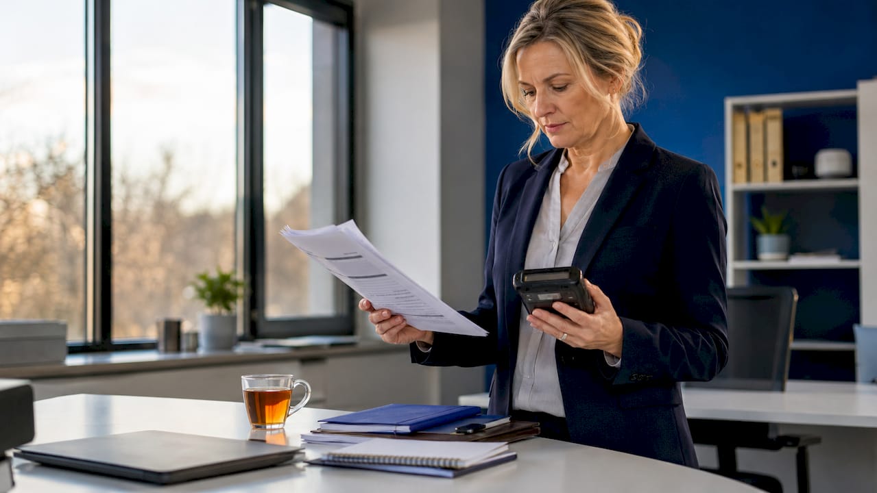 Woman reviewing vehicle monitoring compliance reports