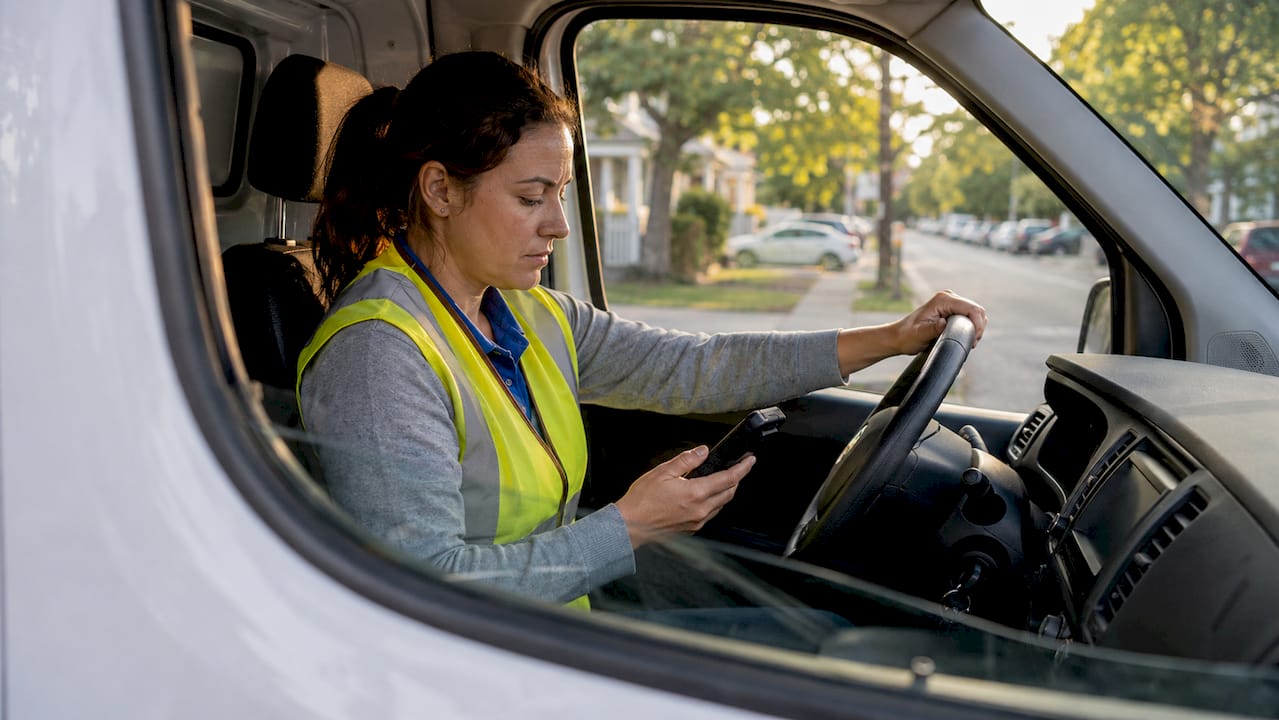 Driver interacting with GPS device inside van