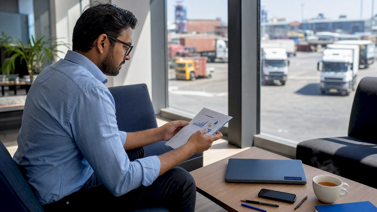 Fleet manager reviewing vehicle asset tracking report