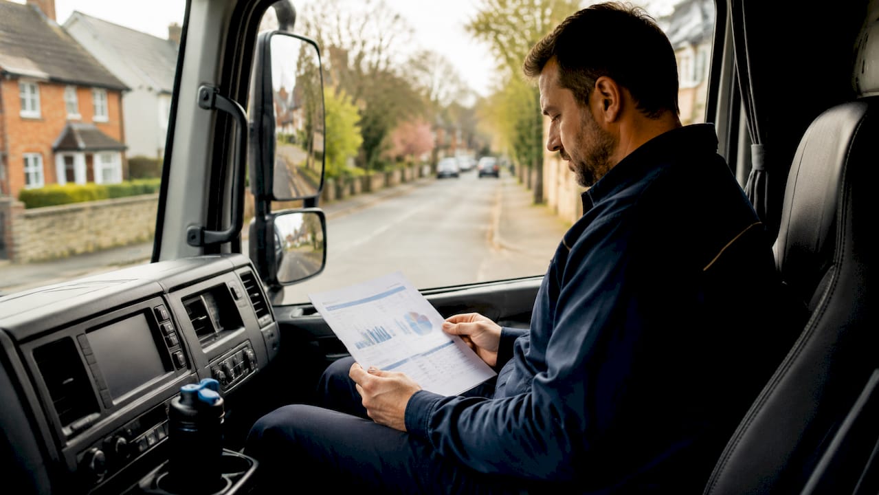 Driver reviewing performance report in truck cab