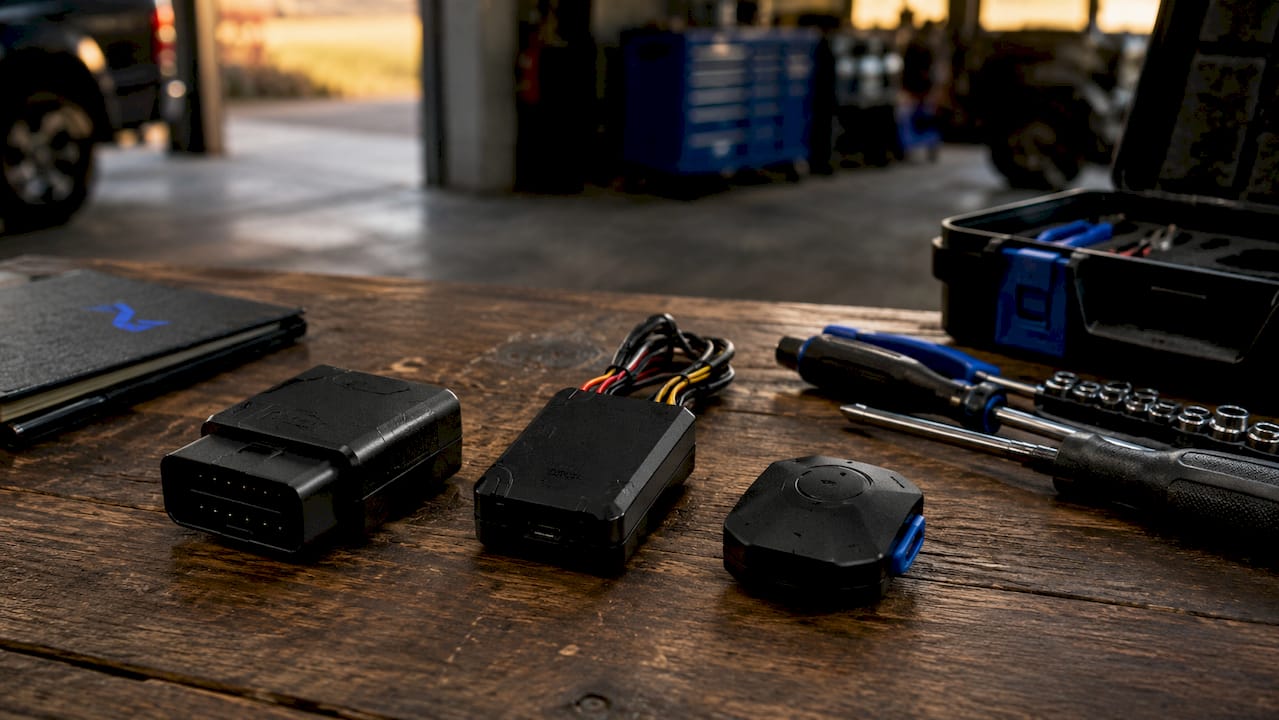 Various GPS tracking devices on a workshop bench