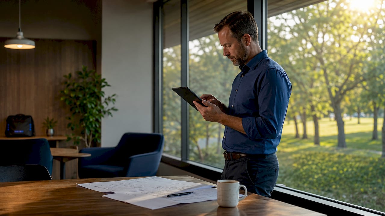 Fleet manager reviewing fleet tracking data on tablet