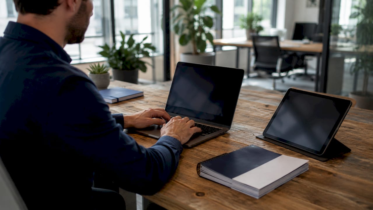 Hands typing on laptop with telematics docs