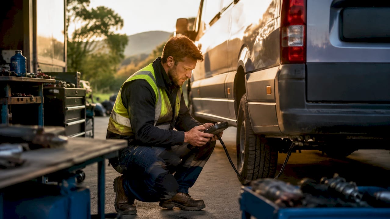Technician examining van sensor with diagnostic tool