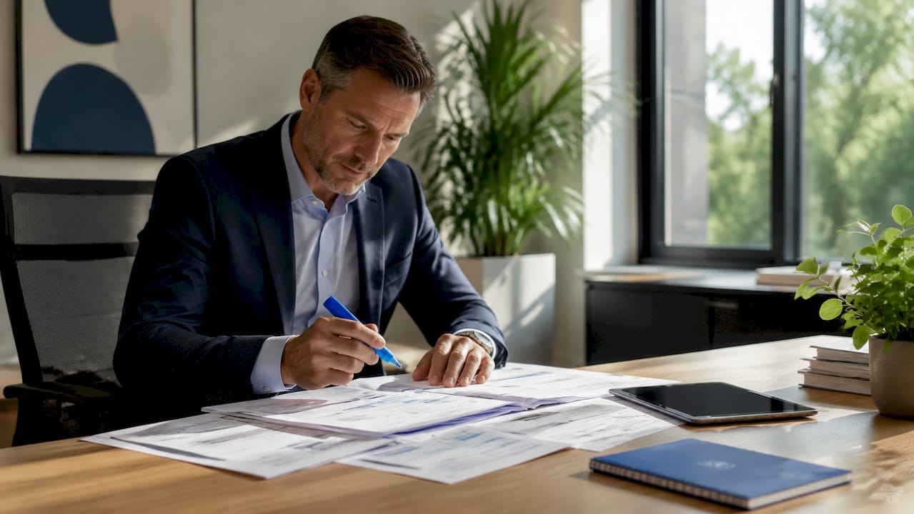 Fleet manager reviewing fleet cost documents