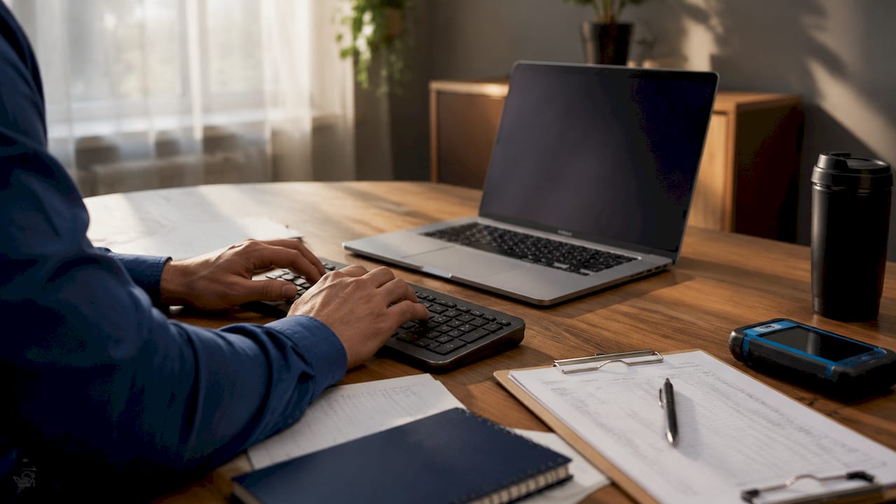 Close-up hands typing in fleet office