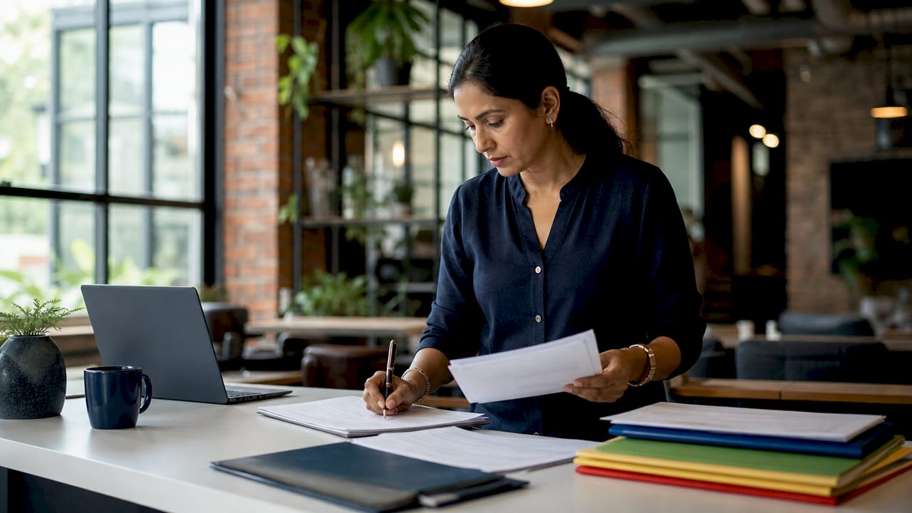Woman organizing freight documents at desk