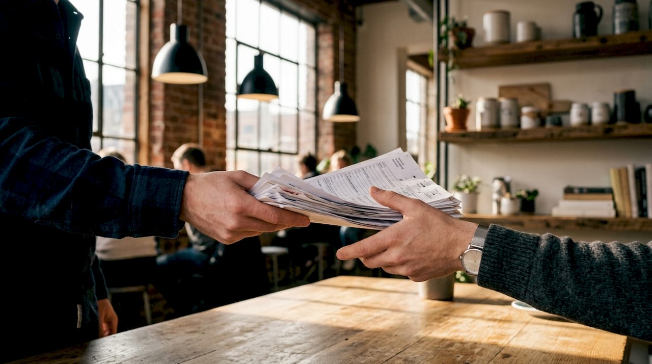 Hands exchanging printed freight documents