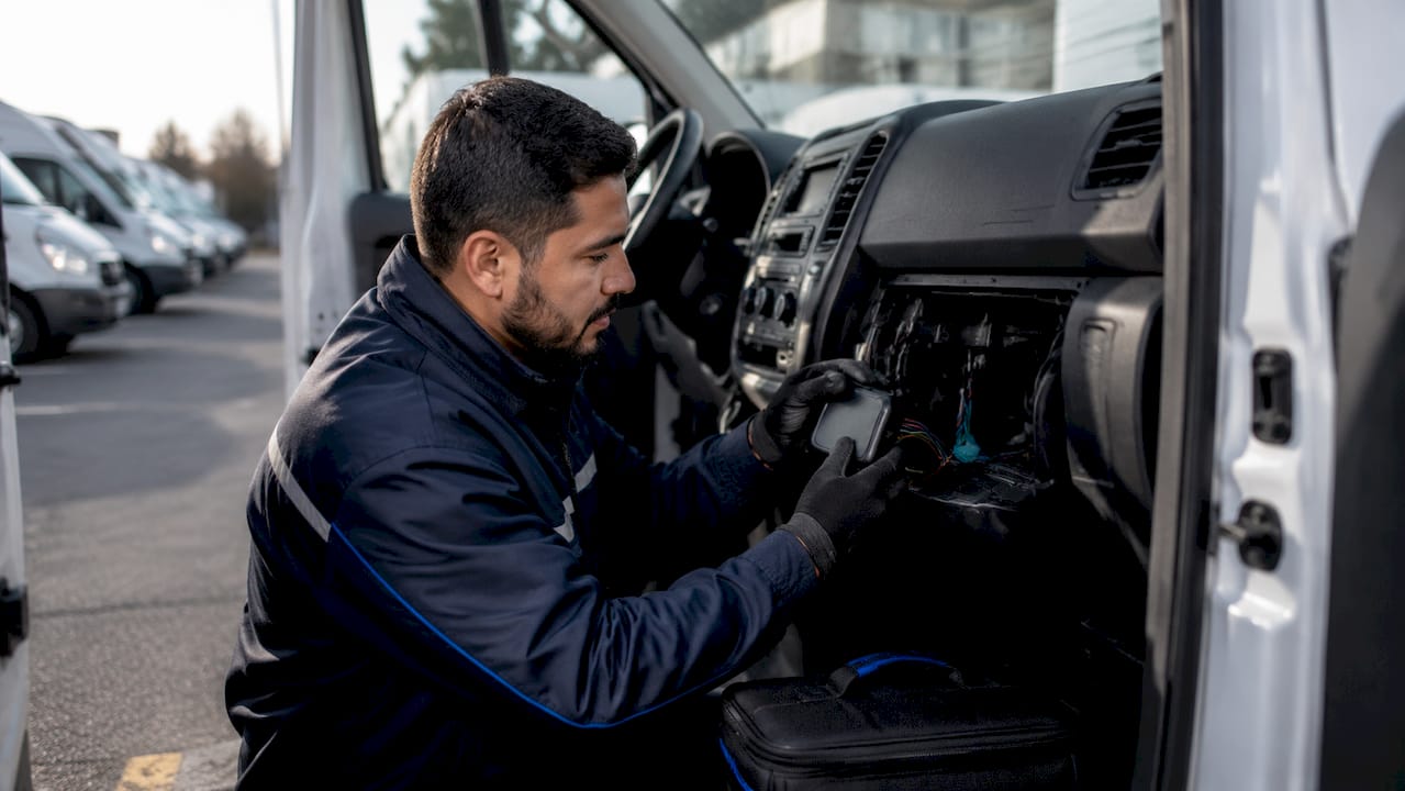 Technician installing GPS in van dashboard