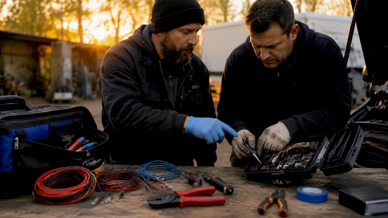 Hands labeling fuse taps on vehicle fuse box