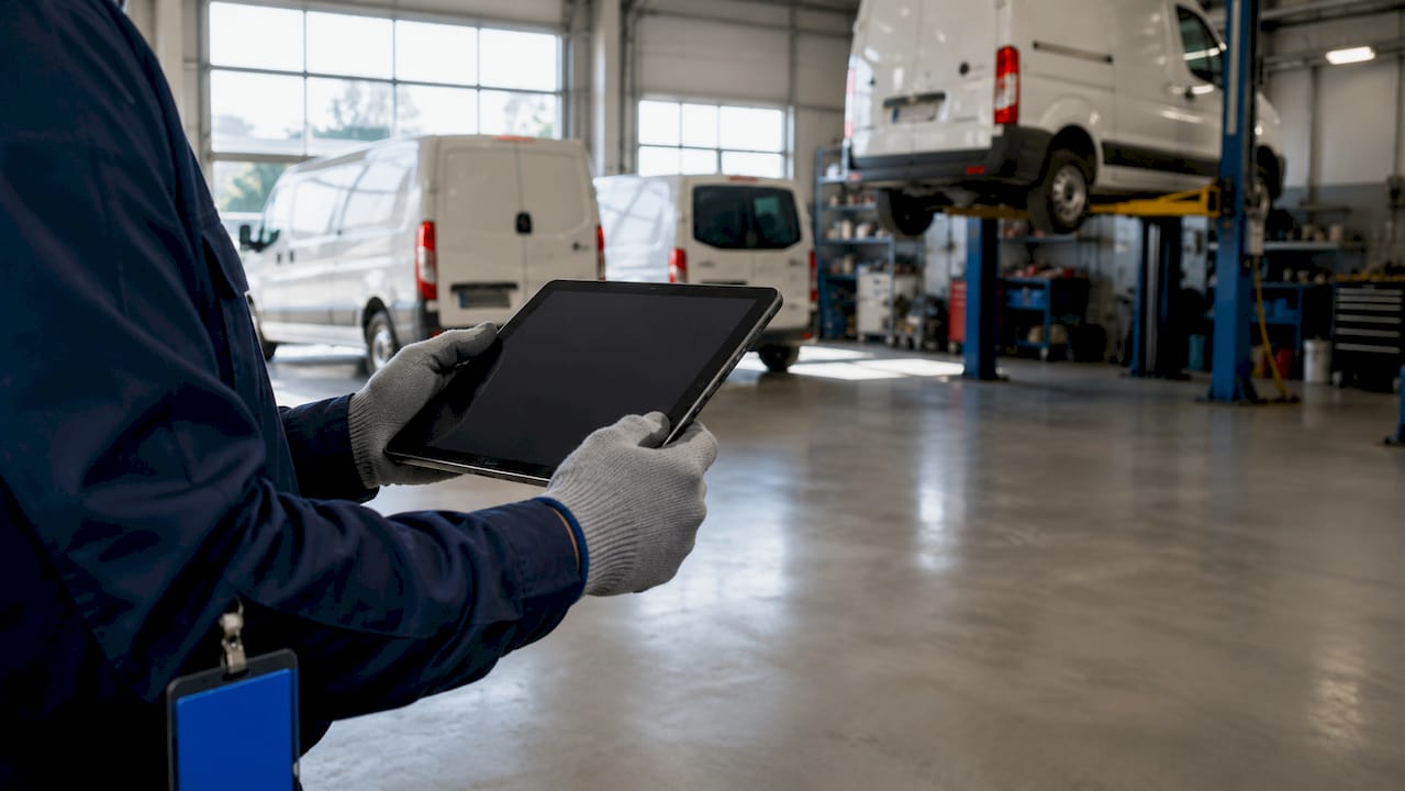 Hands holding tablet with van maintenance checklist
