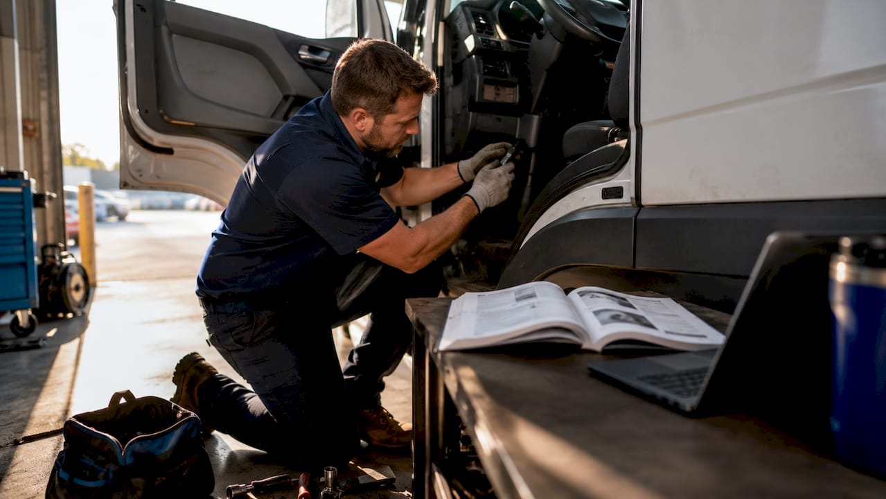 Hands installing telematics device under truck dashboard