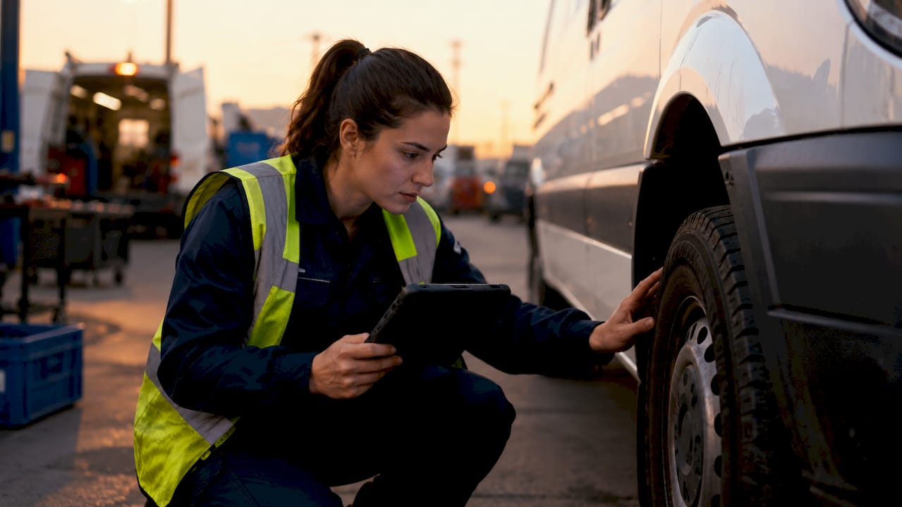 Technician inspecting van tire and logging data