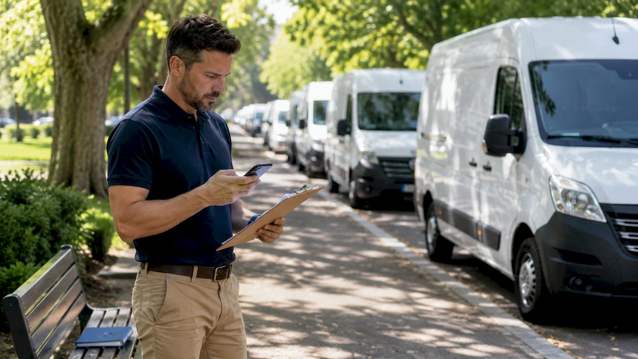 Fleet manager inspecting van fleet in parking lot