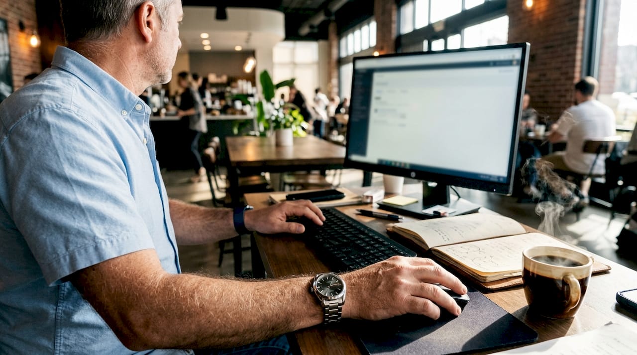 Dispatcher using computer and mouse in office close-up